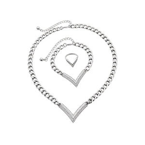 Silver-colored vintage chain jewelry set with crystal-encrusted V-shaped pendants