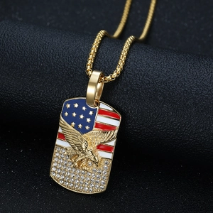 Hip hop style gold pendant necklace with eagle and American flag enamel design
