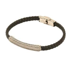 Vintage leather cord bracelet with stainless steel cross charm and textured metal details