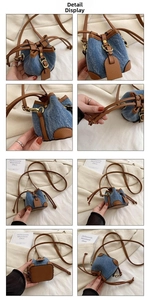 Detail view of mini denim bucket bag with leather trim, drawstring and gold hardware