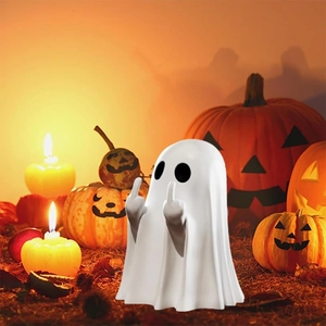 Funny Halloween white ghost figurine flipping the middle finger for home garden decoration