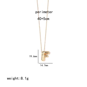 Detailed dimensions of gold 3D puffy initial F pendant necklace with chain length info