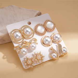 Elegant 6-pair gold alloy earring set with faux pearls, rhinestones, and butterfly designs