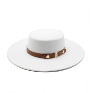 White wool felt flat top bolero hat with brown leather belt and gold buckle accents