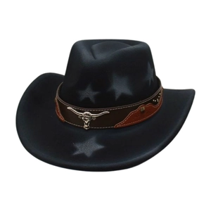 Western black wool felt cowboy hat with grey stars and silver bull head emblem decoration