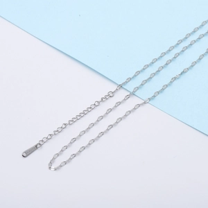 Detail of stainless steel lip chain with lobster clasp and S.STEEL engraved tag