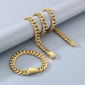 Golden 12mm polished stainless steel Cuban link necklace and bracelet jewelry set