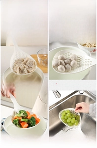 White kitchen strainer colander with long handle for draining noodles and dumplings