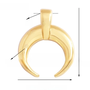 Macro view of gold crescent horn charm showing 18mm height and 14mm width dimensions