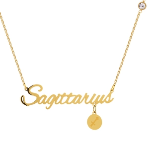Macro view of gold Sagittarius necklace with zodiac symbol and delicate diamond accent