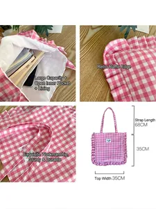 Pink gingham tote bag with ruffles and dimensions: 35x35cm and 68cm shoulder strap