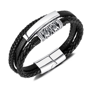 Men's multi-layer black leather woven bracelet with silver magnetic clasp jewelry