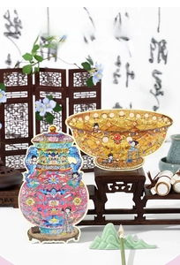 Macro detail of large Chinese antique style PET puzzle stickers showing vase and bowl repair