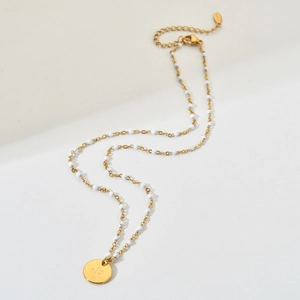 Vintage golden stainless steel chain necklace with white beads and cactus coin pendant