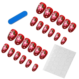 Elegant French floral press-on nails set with 24 red glossy pieces and manicure tools