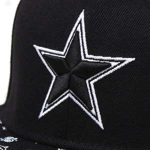 Close-up of a black snapback hat with premium 3D embroidered star on high-quality fabric