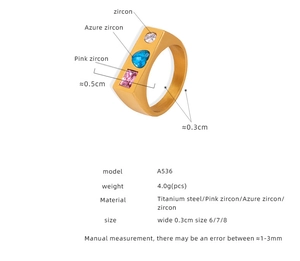 Detail of 18K gold titanium steel ring with pink and azure zircon stones specification