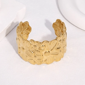 Elegant 18k gold plated open cuff bracelet with embossed flower petal textures