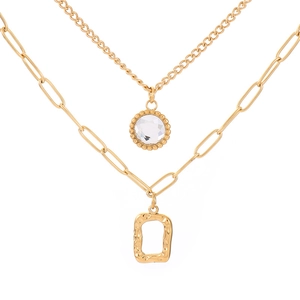 Double-layer gold necklace with crystal round pendant and geometric rectangular charm