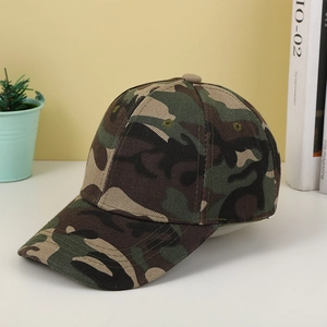 Detail of a camouflage baseball cap featuring durable fabric and reinforced stitching