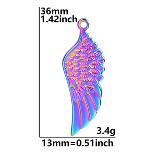 Detailed size specifications for a rainbow-colored stainless steel angel wing pendant