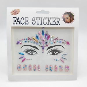 Detailed view of colorful acrylic rhinestone face stickers and nail gems set