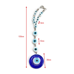 Detail showing dimensions of blue Evil Eye glass bead keychain with lobster clasp