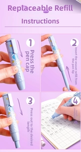 Detail showing the four-step process for replacing the astronaut eraser pen refill