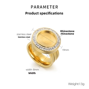 Detailed dimensions of gold stainless steel ring with rhinestones showing 19mm diameter