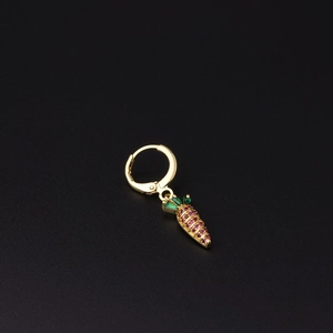 Detail of gold carrot hoop earring with pave pink crystals and green gem leaf