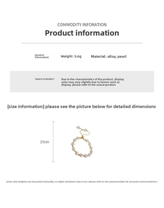 Detail view of pearl beaded bracelet with gold alloy clasp showing 29cm length and 5.6g weight