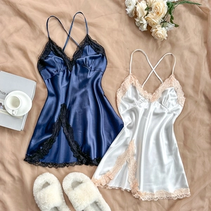 Elegant silk lace slip nightdress in navy and white with crossed back and side slits