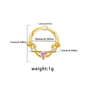 Detailed dimension guide for gold nose ring with rose and pink heart-shaped crystal