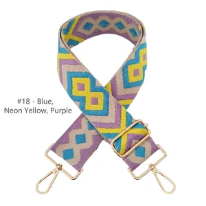 Detail of blue and yellow diamond pattern woven strap with golden metal swivel hooks