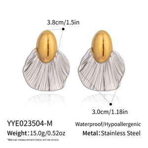 Detailed view of bicolor leaf-shaped earrings with precise size dimensions and specs