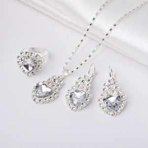 Heart Shaped Jewelry Necklace Earrings And Ring Alloy Rhinestone Silver Tone For Women Elegant Fashion