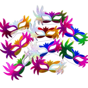 Gros plan de masques de fête holographiques en papier laser avec cordons élastiques variés
