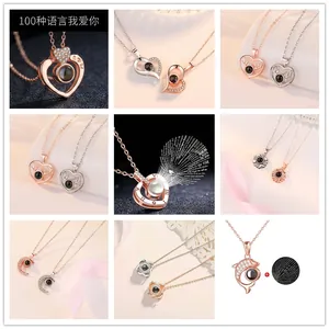 Projection Necklace Copper Heart Antler Pendant With Nano Micro Engraving Multi Language I Love You Romantic Gift For Women