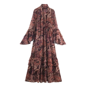 Robe Maxi Imprimé Paisley Polyester Manches Longues Volants Étages Col Écharpe Vintage Bohème Élégante Pour Femmes