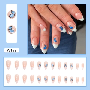 French tip press-on nails with blue butterfly art and pink base 24-piece set