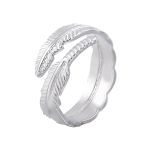 Minimalist silver stainless steel feather ring with adjustable open band for women