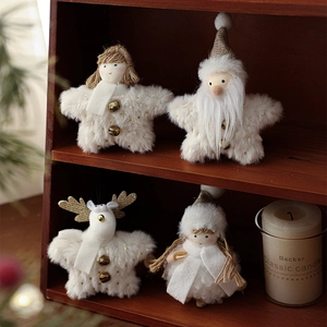 White Plush Christmas Tree Hanging Ornaments With Gold Sequins And Bells Angel Santa Snowman Reindeer Holiday Decor