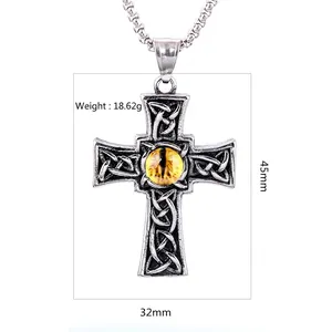 Gothic Celtic cross necklace in titanium steel with yellow evil eye center pendant
