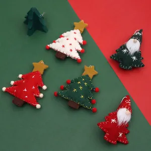 Five handmade wool felt Christmas tree and Santa ornaments set with embroidery stars