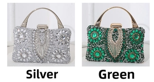 Detail of evening clutch bags with crystal floral patterns and metal ring handles