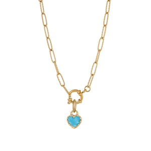Elegant gold chain necklace featuring a sky blue heart-shaped enamel pendant on white background