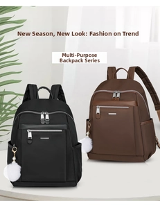 Detail view of stylish black and coffee nylon backpacks with soft plush ball charms