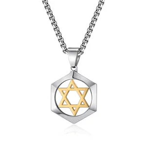Star Of David Pendant Necklace Stainless Steel Hexagon Geometric Hexagram Jewelry For Men Unisex Box Chain Polished