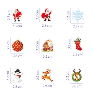 Detailed size chart for waterproof laser Christmas stickers featuring Santa and Reindeer motifs