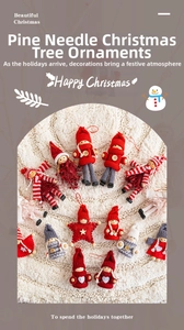 Set of knitted Christmas ornaments with red figures and star dolls on white plush rug
